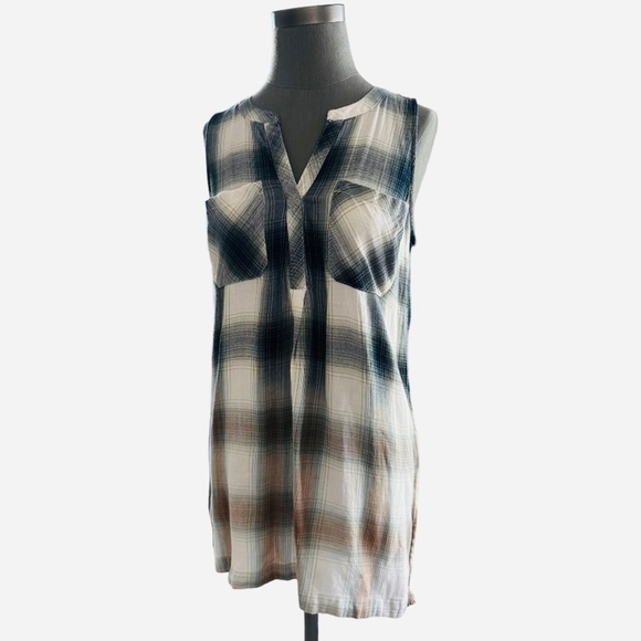 Women Shirt SONOMA White Grey Tan Plaid Print Loose Fit Sleeveless Ombre Top - Picture 3 of 6
